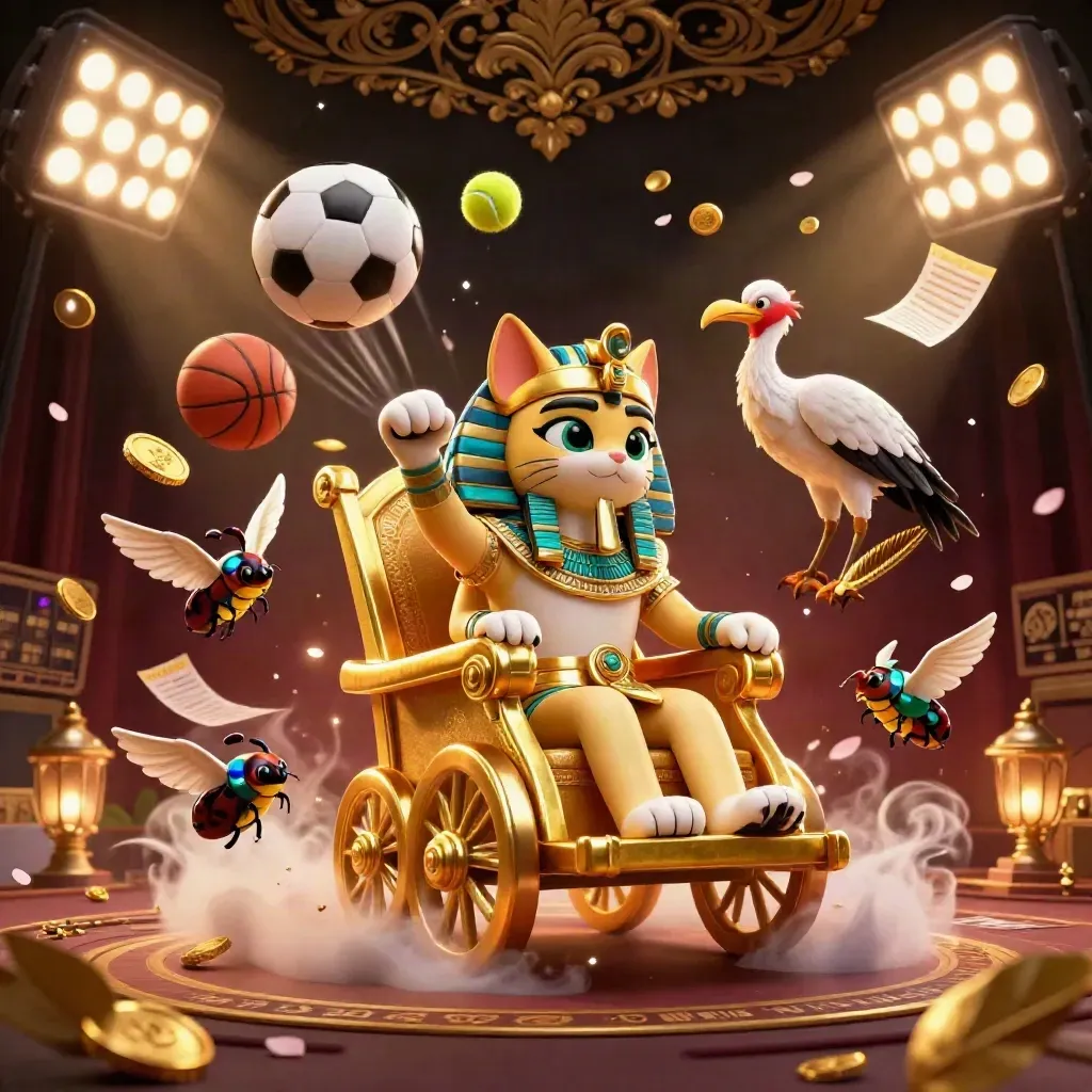 Pharaoh cat, ibis scribe and gem-wing scarabs amid flying sports balls, gold coins and stadium beams.