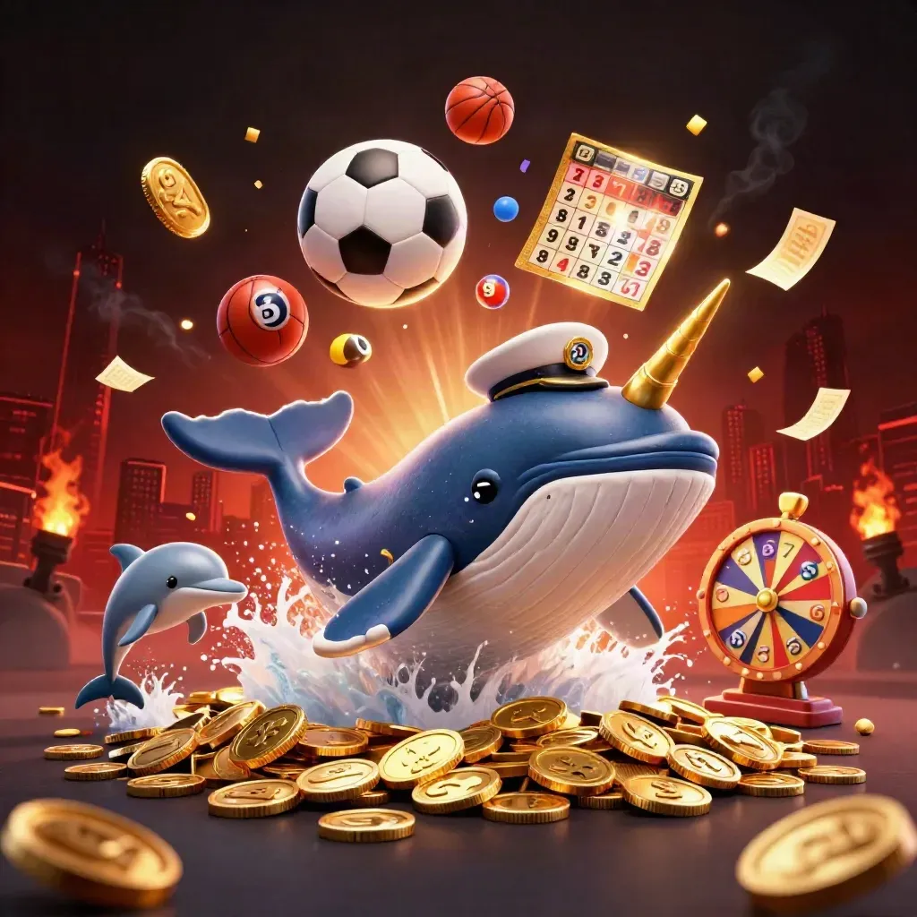 Whale, narwhal and dolphins bursting through coins with casino game elements and neon lights