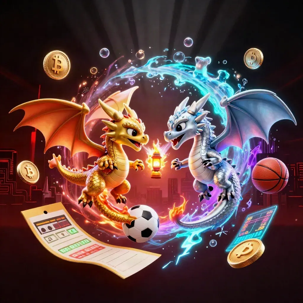 Gold and silver dragons spiral through neon casino effects with coins, ball, and lightning on a dark skyline