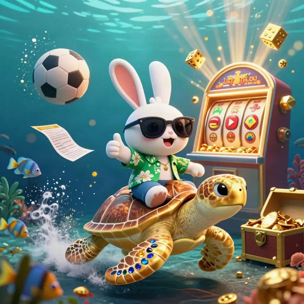 Lucky rabbit on a golden turtle amid slot bursts, balls, dice and gold in an underwater casino scene.