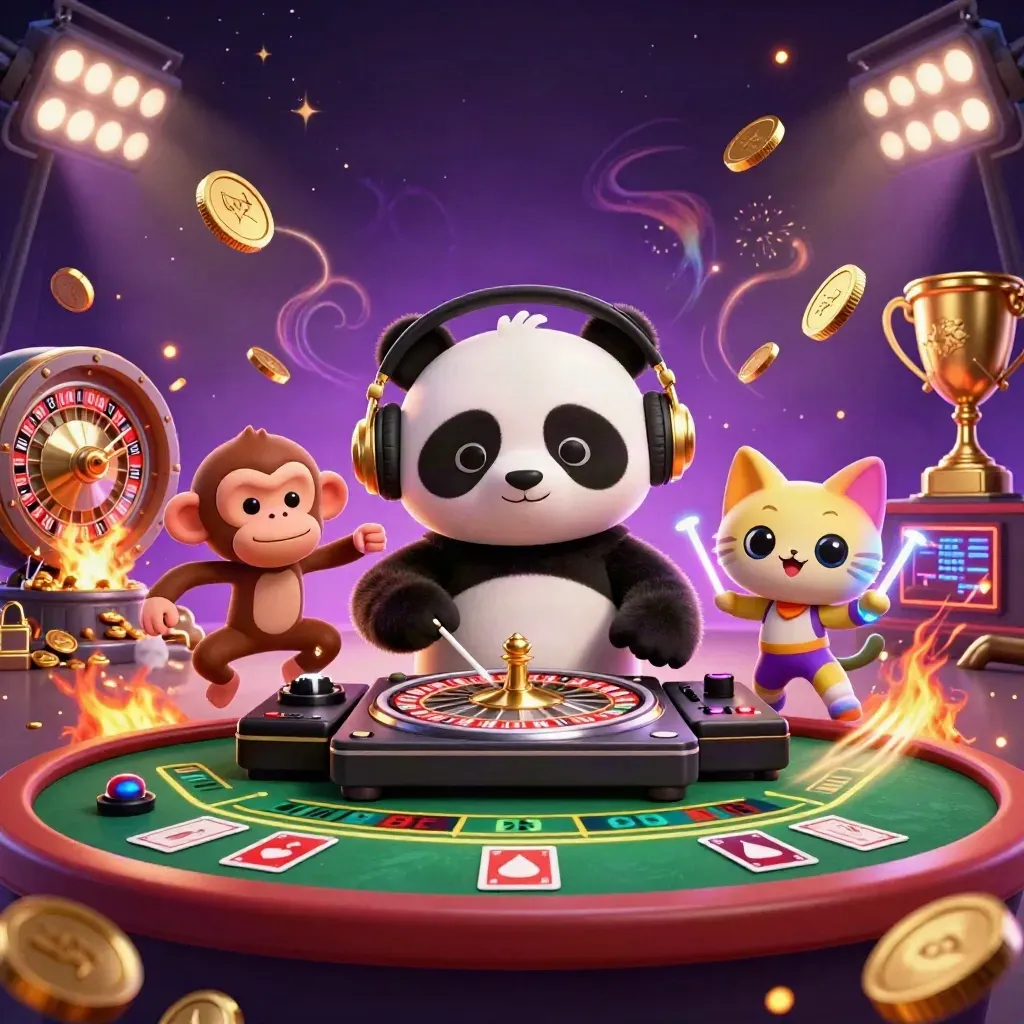 Panda DJ, dancing monkey, and glow-stick kitten blast gold coins in a neon VIP casino scene.