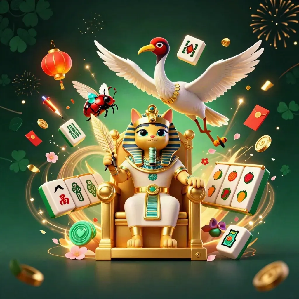 Pharaoh cat on throne with ibis scribe, gem-wing scarabs, and casino symbols in emerald-gold glow